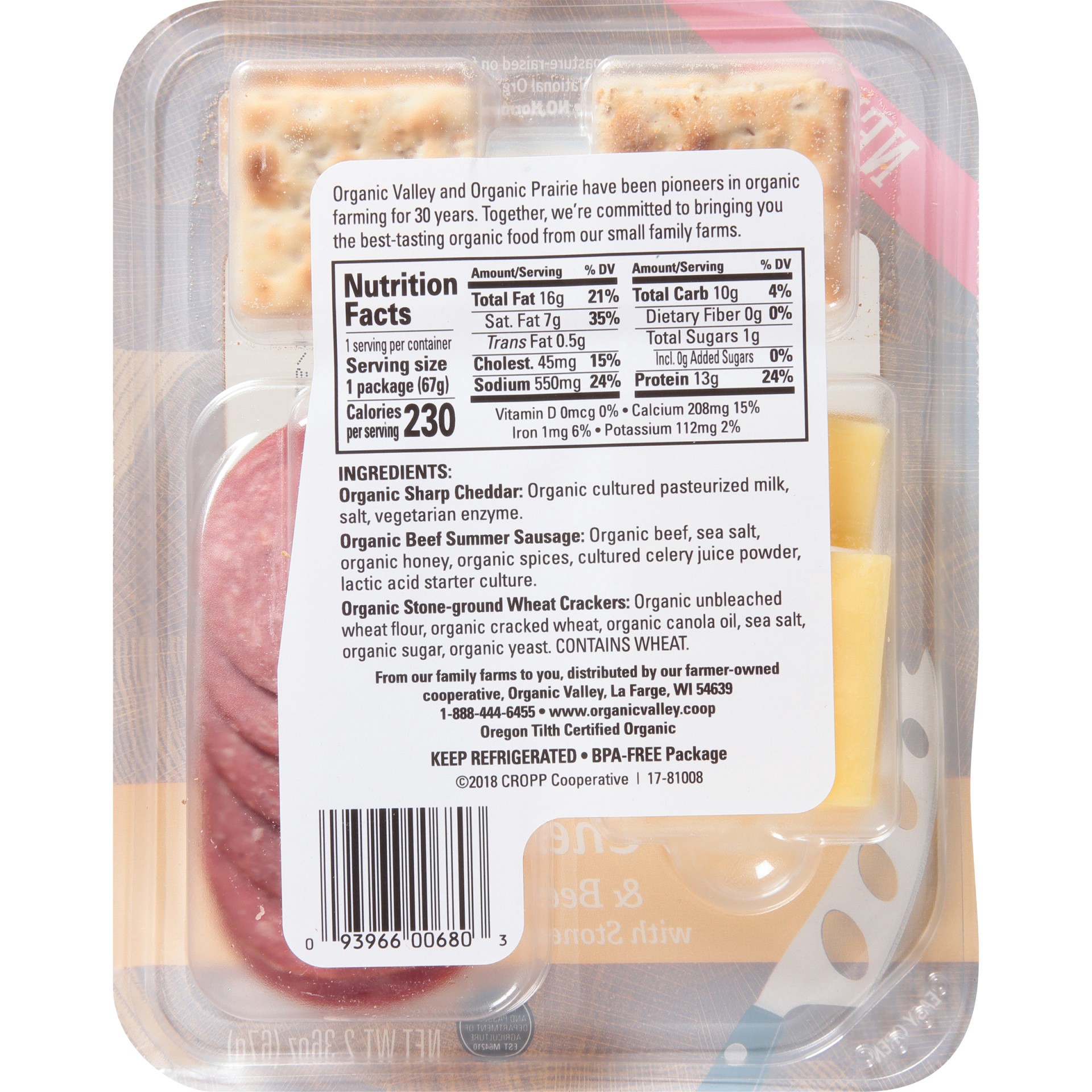 slide 4 of 6, Organic Valley Sharp Cheddar Cheese & Beef Summer Sausage With Stone-Ground Wheat Crackers, 2.36 oz