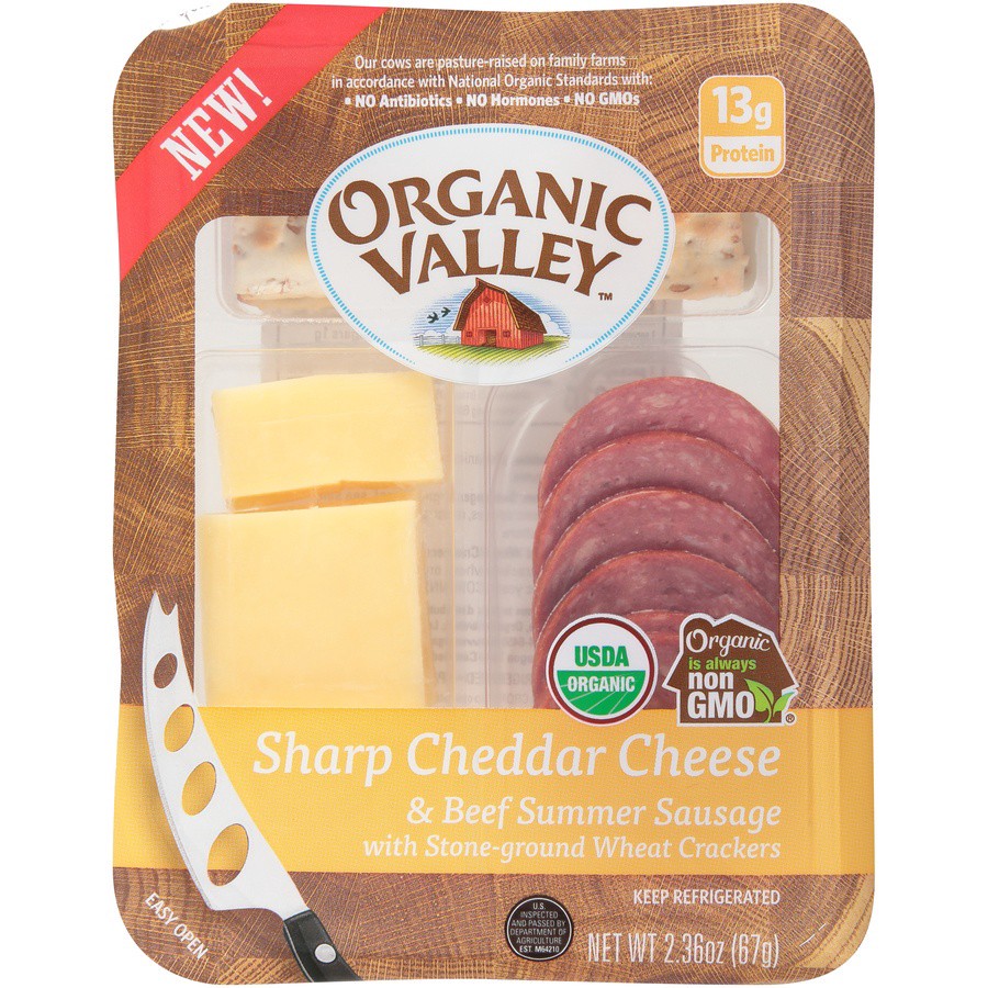 slide 1 of 6, Organic Valley Sharp Cheddar Cheese & Beef Summer Sausage With Stone-Ground Wheat Crackers, 2.36 oz