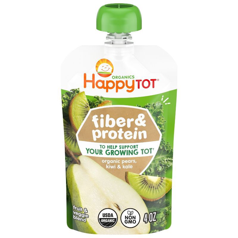 slide 1 of 10, HappyTot Happy Tot Fiber & Protein Organic Pears, Kiwi & Kale Toddler Pouch - 4oz: Pureed, Ready to Eat, Organic Certified, 4 oz