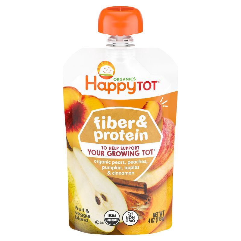 slide 1 of 11, HappyTot Happy Tot Fiber & Protein Organic Pears, Peaches, Pumpkin, Apples & Cinnamon Toddler Pouch - 4oz, 4 oz