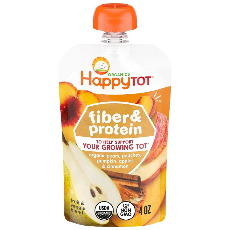 slide 1 of 11, HappyTot Happy Tot Fiber & Protein Organic Pears, Peaches, Pumpkin, Apples & Cinnamon Toddler Pouch - 4oz, 4 oz