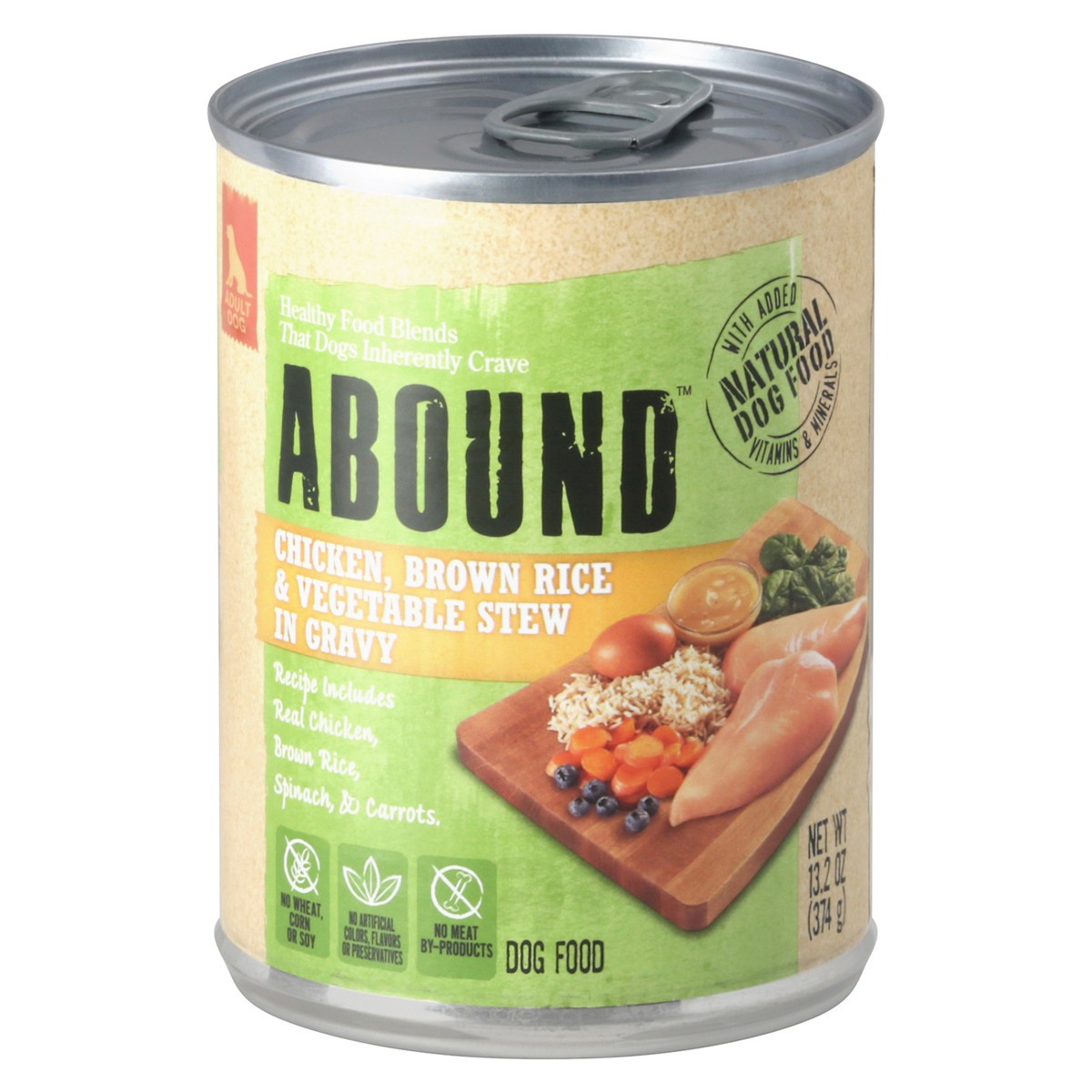 slide 1 of 9, Abound Chicken, Brown Rice & Vegetable Stew In Gravy Dog Food 13.2 oz Can, 13.2 oz
