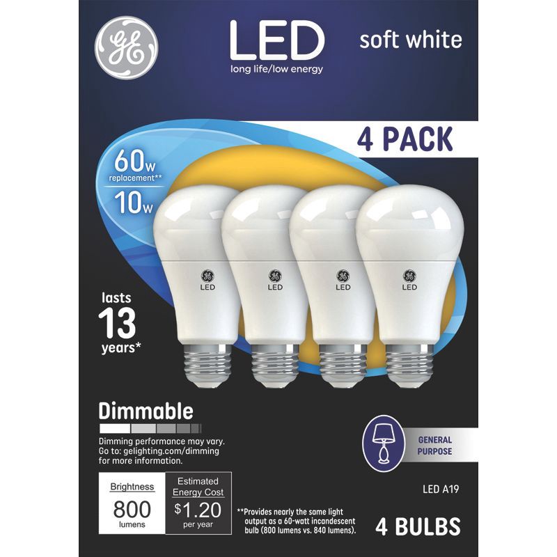 slide 1 of 3, GE Household Lighting GE 4pk 60W A19 Light Bulb Soft White, 4 ct