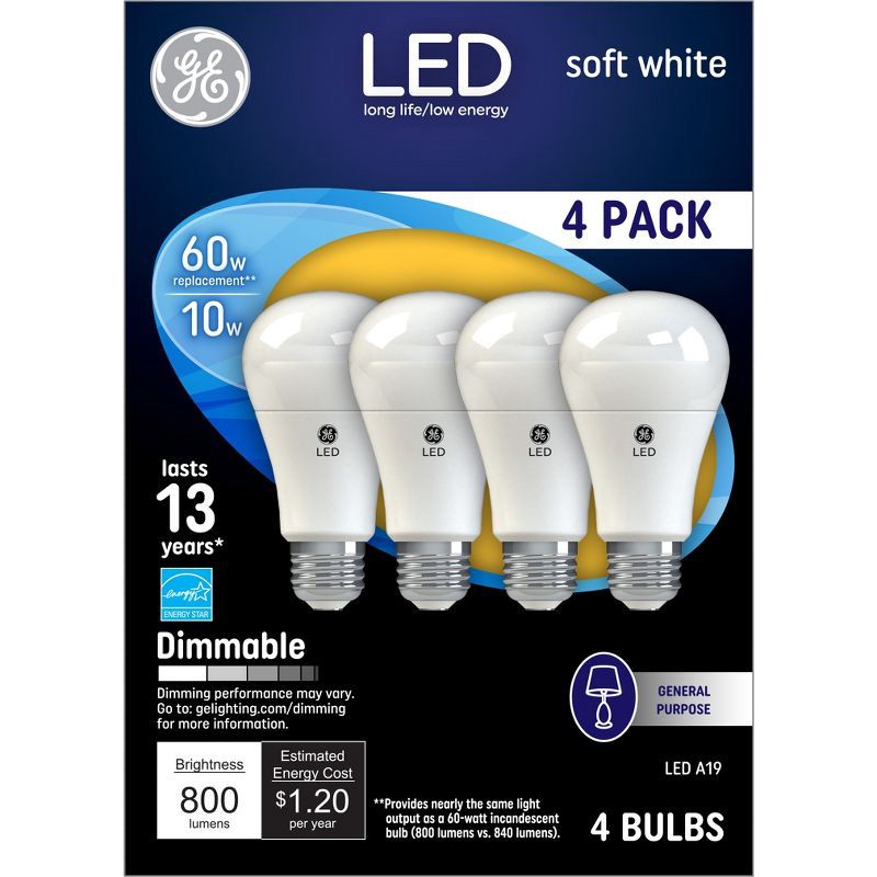 slide 1 of 3, GE Household Lighting GE 4pk 60W A19 Light Bulb Soft White, 4 ct