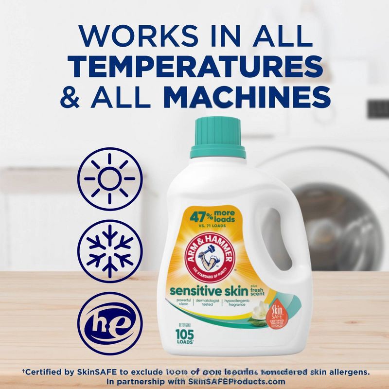 slide 9 of 10, Arm & Hammer Hypoallergenic Fresh Scent for Sensitive Skin HE Liquid Laundry Detergent 105 Loads - 105 fl oz, 105 fl oz