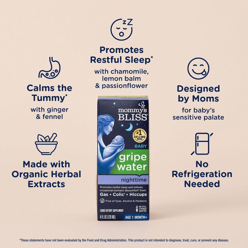 slide 4 of 10, Mommy's Bliss Gripe Water Night Time for Colic, Gas or Stomach Discomfort - 4 fl oz, 4 fl oz