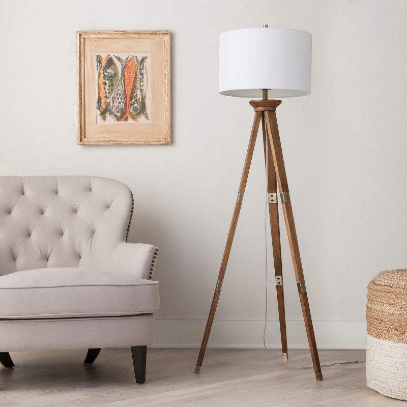 slide 1 of 10, 60"x16" Tripod Floor Lamp Oak Tone Wooden Finish - Threshold™: Elegant Standing Lighting, 3-Way Switch, UL Listed, 1 ct
