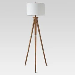60"x16" Oak Wood Tripod Floor Lamp Dark Brown with Cotton Shade Includes LED Light Bulb - Threshold™: Modern Standing Light