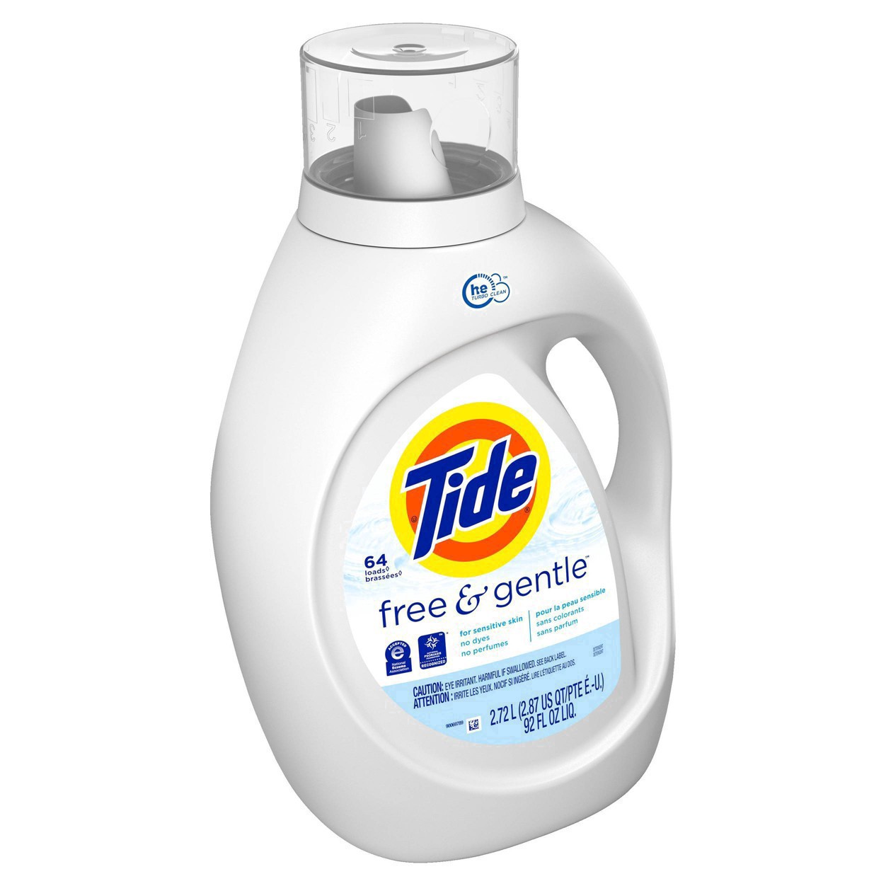 slide 13 of 149, Tide Free & Gentle Liquid Laundry Detergent, 64 loads 92 fl oz, HE Compatible, 2.87 qt