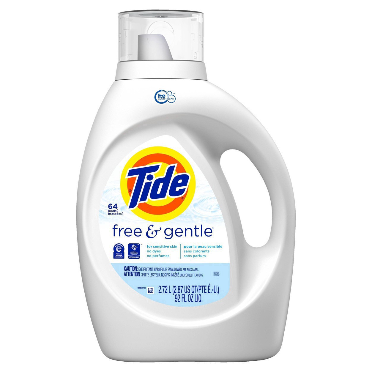 slide 43 of 149, Tide Free & Gentle Liquid Laundry Detergent, 64 loads 92 fl oz, HE Compatible, 2.87 qt