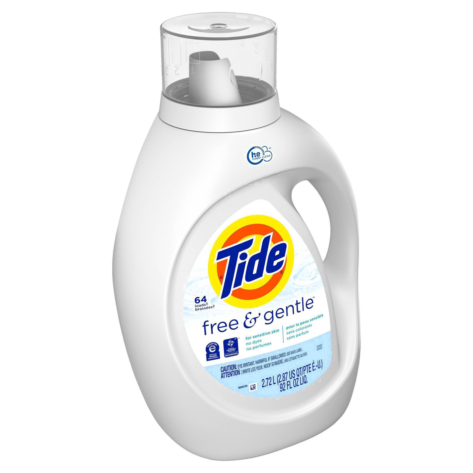 slide 95 of 149, Tide Free & Gentle Liquid Laundry Detergent, 64 loads 92 fl oz, HE Compatible, 2.87 qt