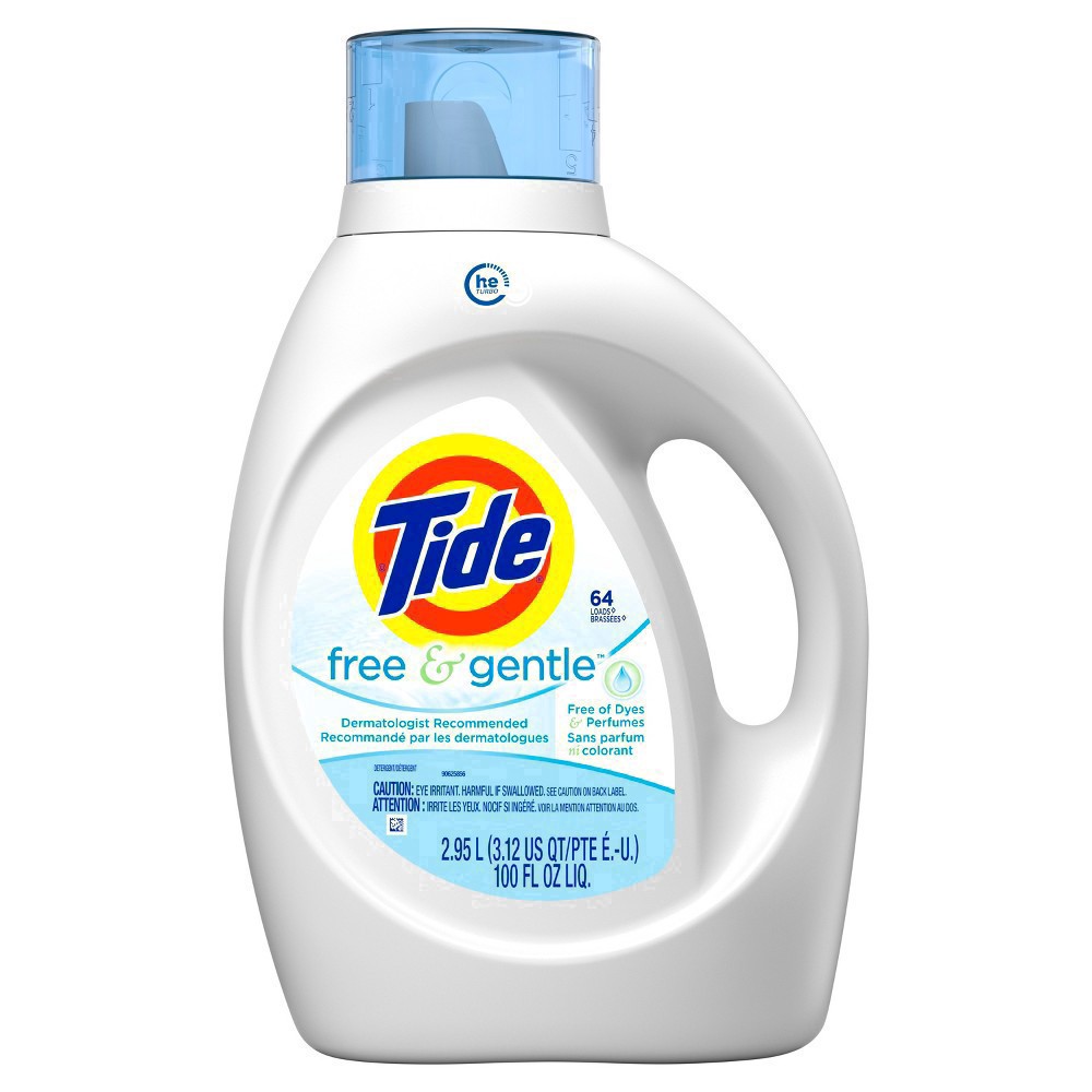 slide 10 of 149, Tide Free & Gentle Liquid Laundry Detergent, 64 loads 92 fl oz, HE Compatible, 2.87 qt