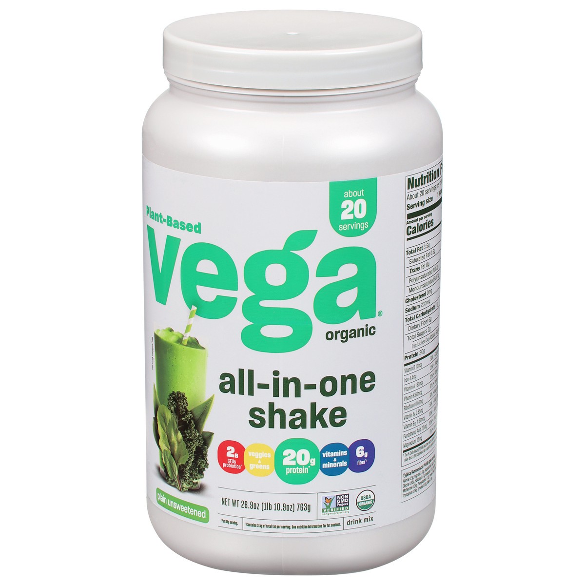 slide 2 of 9, Vega Organic All-In-One Shake Plain Unsweetened Drink Mix 26.9 oz, 26.9 oz