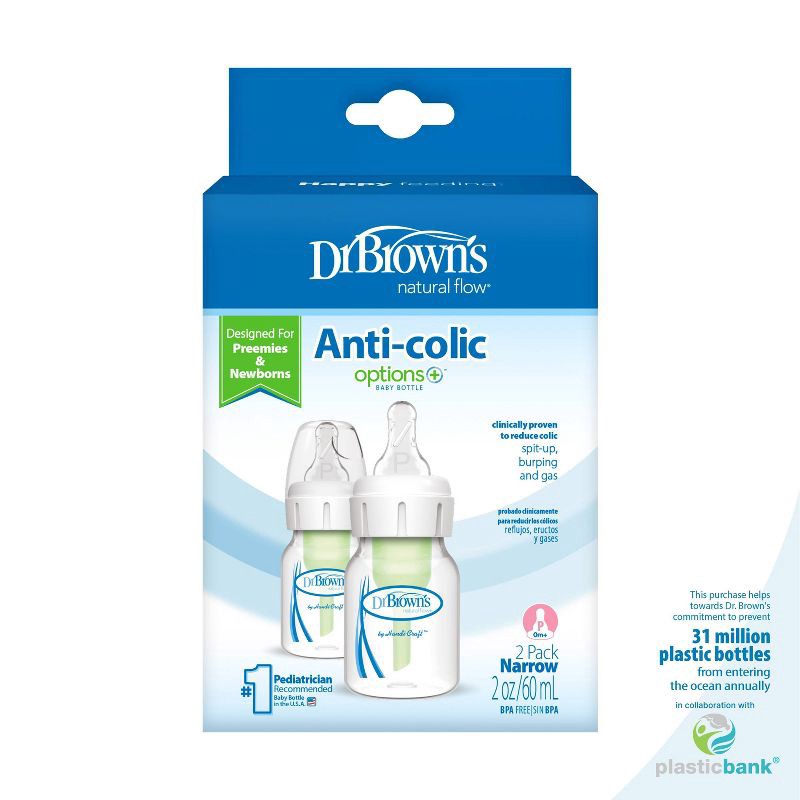 slide 10 of 13, Dr. Brown's 2oz Anti-Colic Options+ Narrow Baby Bottle with Preemie Flow Nipple - 0m+, 2 oz