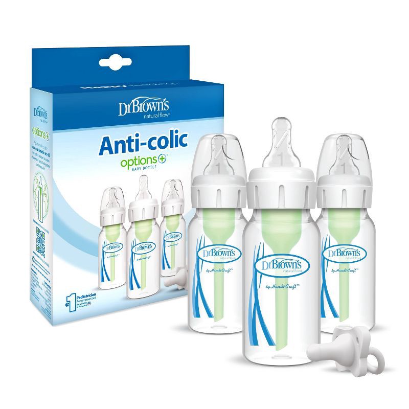 slide 2 of 28, Dr. Brown's 4oz Anti-Colic Options+ Narrow Baby Bottle with Level 1 Slow Flow Nipple & HappyPaci Pacifier - 0m+, 4 oz