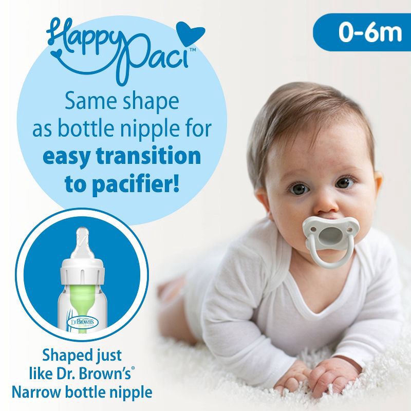 slide 8 of 28, Dr. Brown's 4oz Anti-Colic Options+ Narrow Baby Bottle with Level 1 Slow Flow Nipple & HappyPaci Pacifier - 0m+, 4 oz