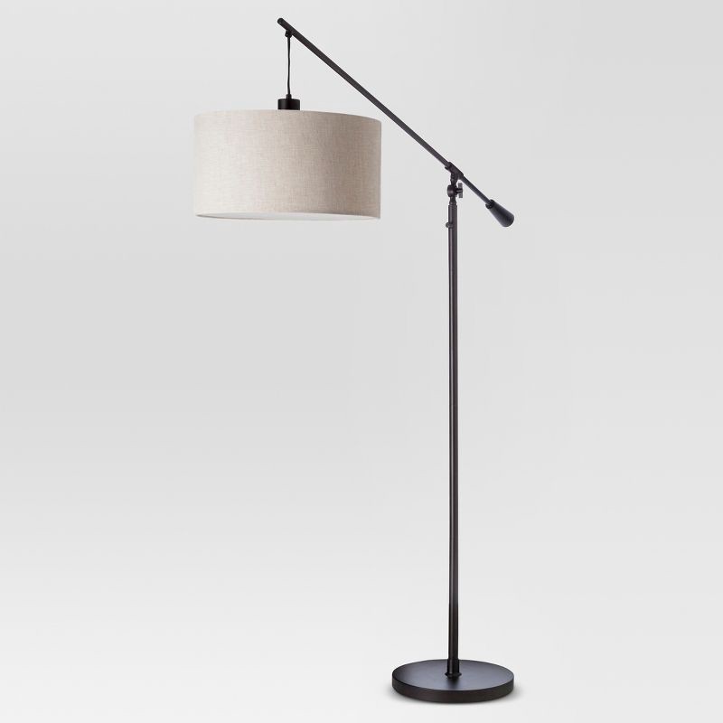 slide 3 of 6, 70"x16" Cantilever Drop Pendant Swing Arm Floor Lamp Brown - Threshold™: Adjustable, Metal Body, Linen Shade, 1 ct