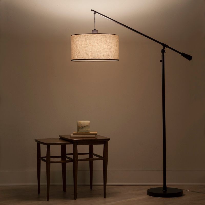 slide 4 of 6, 70"x16" Cantilever Drop Pendant Swing Arm Floor Lamp Brown - Threshold™: Adjustable, Metal Body, Linen Shade, 1 ct