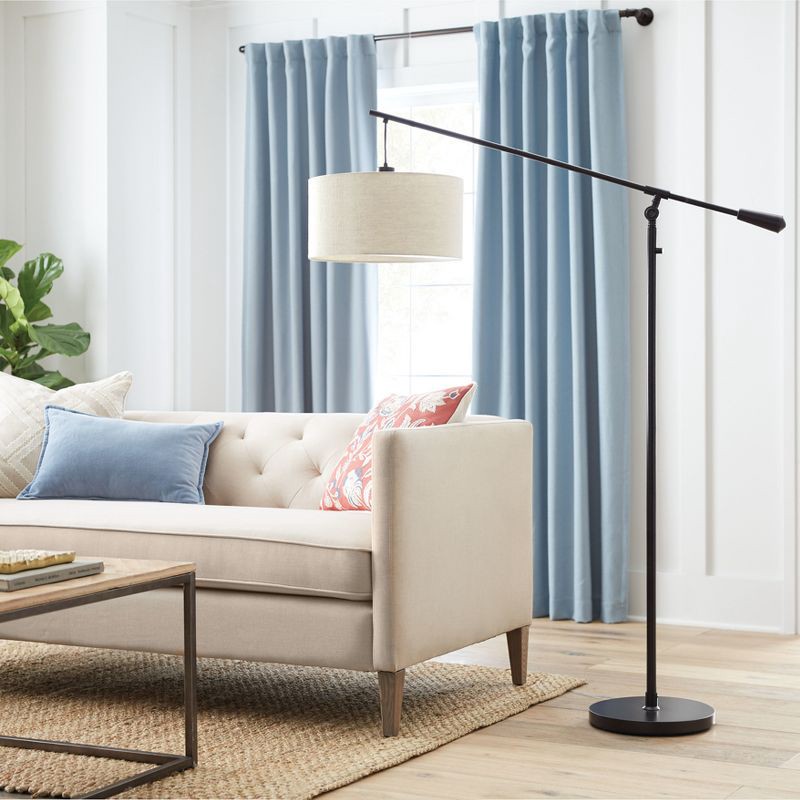 slide 6 of 6, 70"x16" Cantilever Drop Pendant Swing Arm Floor Lamp Brown - Threshold™: Adjustable, Metal Body, Linen Shade, 1 ct