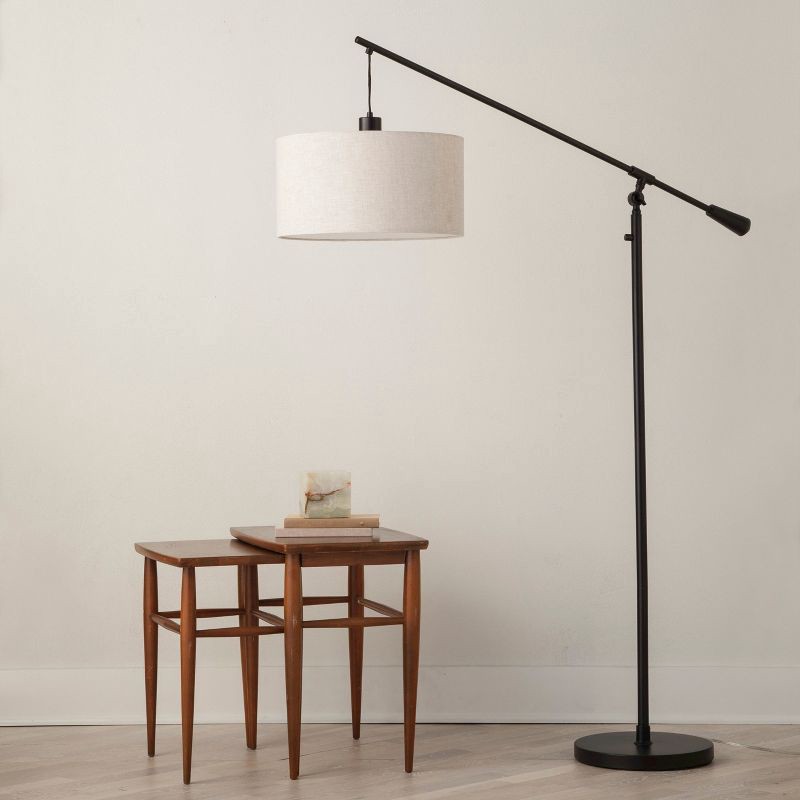 slide 1 of 6, 70"x16" Cantilever Drop Pendant Swing Arm Floor Lamp Brown - Threshold™: Adjustable, Metal Body, Linen Shade, 1 ct