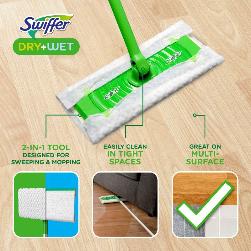 slide 3 of 9, Swiffer Sweeper 2-in-1 Dry + Wet Floor Mopping and Sweeping Kit 1 Sweeper, 7 Dry Cloths, 3 Wet Cloths, 1 ct