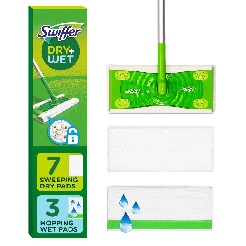 slide 1 of 9, Swiffer Sweeper 2-in-1 Dry + Wet Floor Mopping and Sweeping Kit 1 Sweeper, 7 Dry Cloths, 3 Wet Cloths, 1 ct