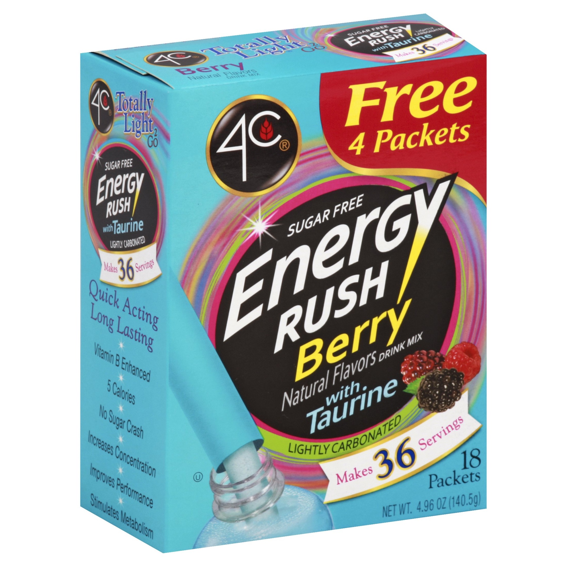 slide 1 of 8, 4C Totally Light 2 Go Berry Energy Rush with Taurine, 18 ct