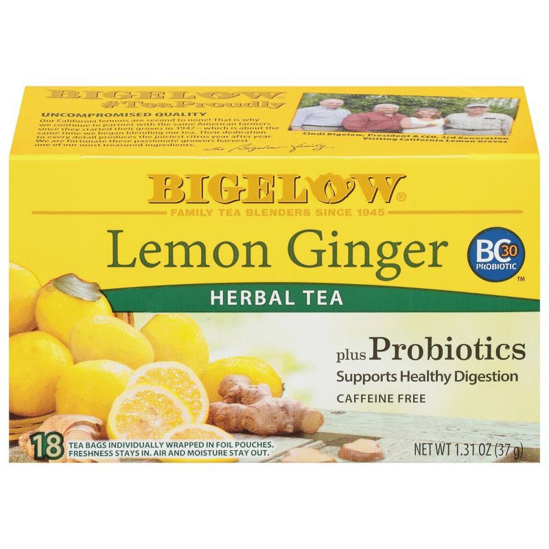 slide 1 of 11, Bigelow Lemon Ginger Plus Probiotics Herbal Tea Bags - 18ct, 18 ct