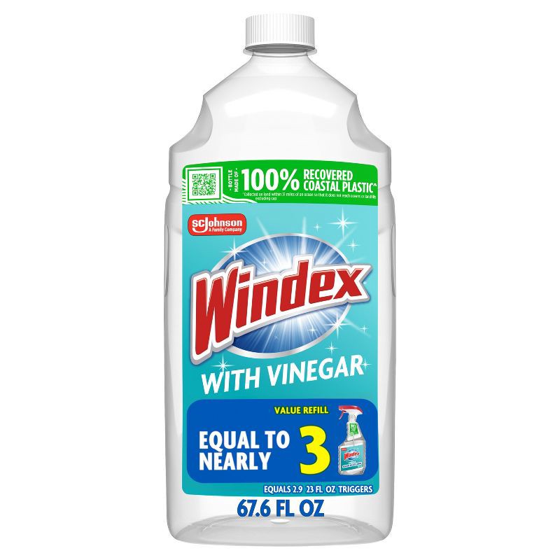 slide 1 of 9, Windex Vinegar Window and Glass Cleaner Refill Bottle - 67.6 fl oz: Dye-Free, Paraben-Free, Phosphorus-Free, 67.6 fl oz