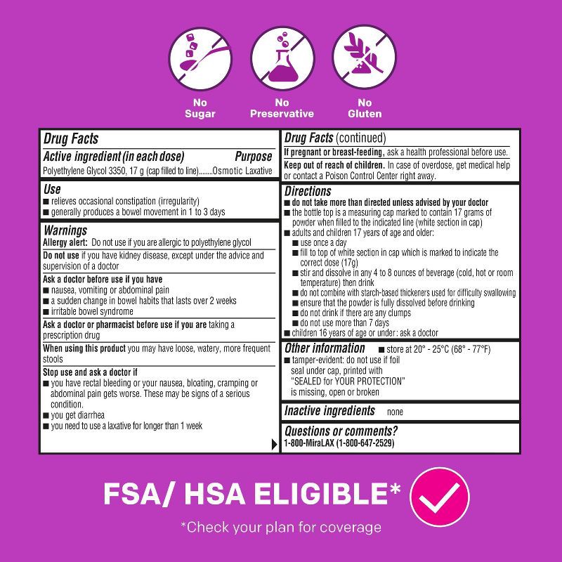 slide 5 of 5, Miralax Gentle Constipation Relief 14 Doses without Harsh Side Effects Osmotic Laxative Powder - 8.3oz, 8.3 oz