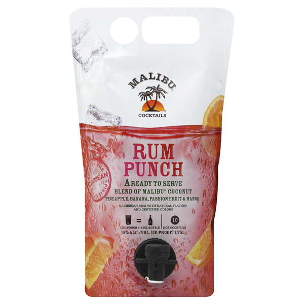 slide 1 of 4, Malibu Ready to Serve Cocktail Rum Punch 1.75L Pouch, 1.75 liter