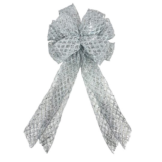 slide 1 of 4, 21" Silver Glitter Mesh Tree Topper Bow By Celebrate It, 11 in x 21 in