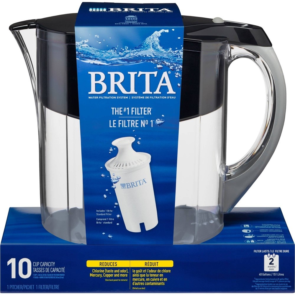 slide 2 of 8, Brita Water Filter 10-Cup Grand Water Pitcher Dispenser - Black, 1 ct
