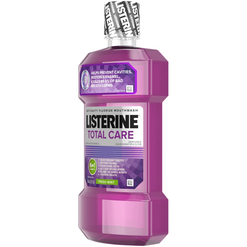 slide 5 of 6, Listerine Total Care Anticavity Fluoride Mouthwash, 6 Benefits in 1 Oral Rinse Helps Kill 99% of Bad Breath Germs, Prevents Cavities, Strengthens Enamel, ADA-Accepted, Fresh Mint, 16.9 fl oz