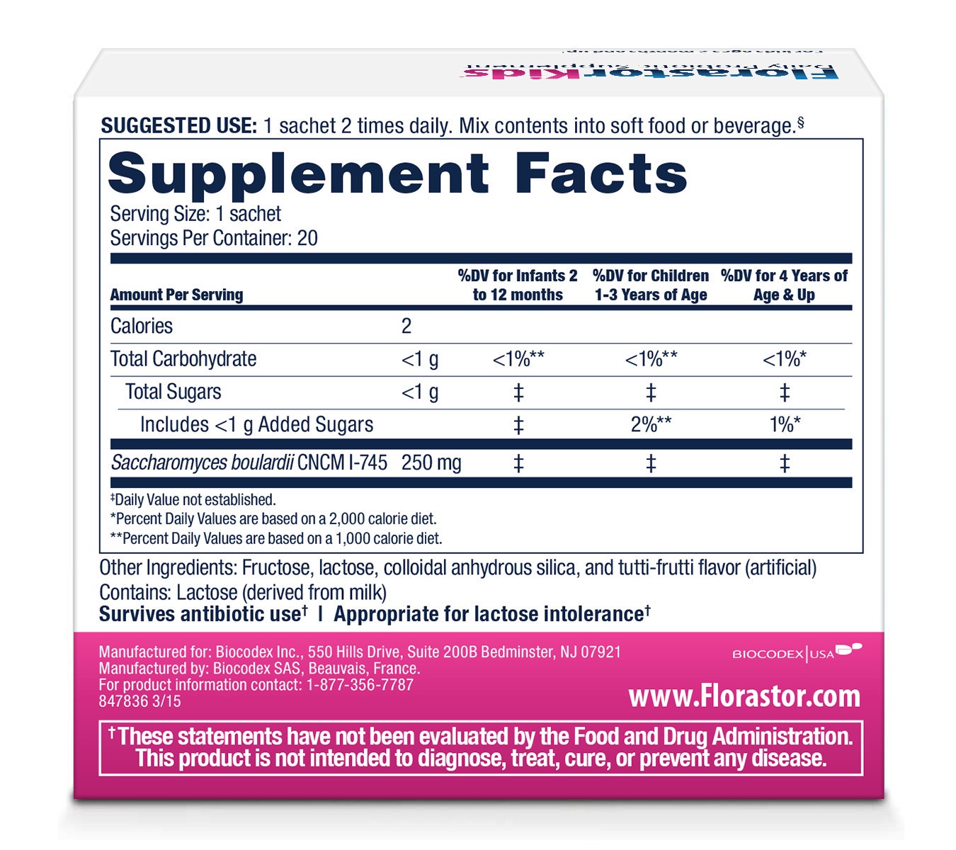 slide 5 of 5, Florastor Kids Daily Probiotic Supplements for Boys and Girls – Saccharomyces boulardii CNCM I-745 (250 mg; 20 Sachets), 20 ct