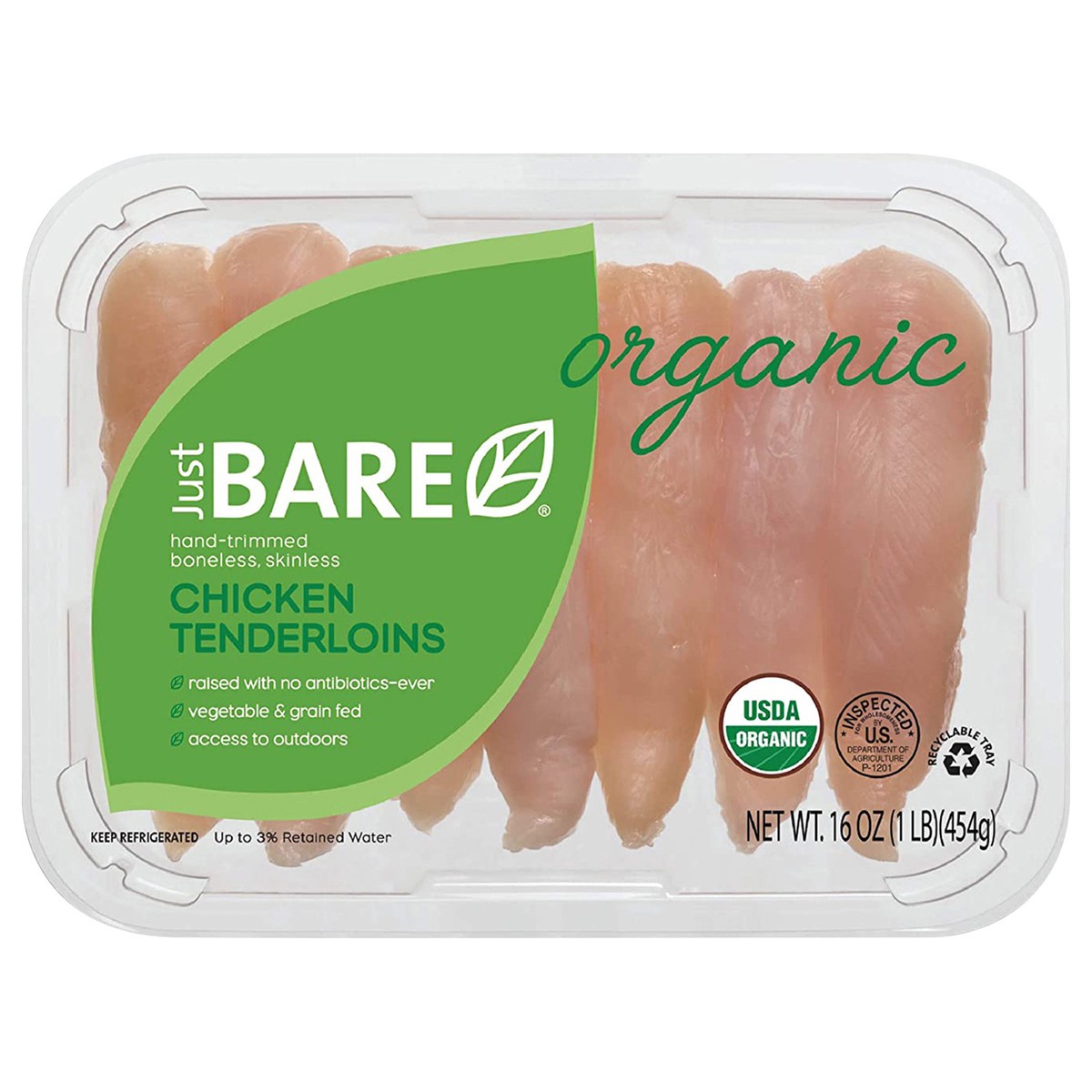 slide 3 of 6, Just Bare Brand Organic Boneless Skinless Chicken Tenderloins, 16 oz