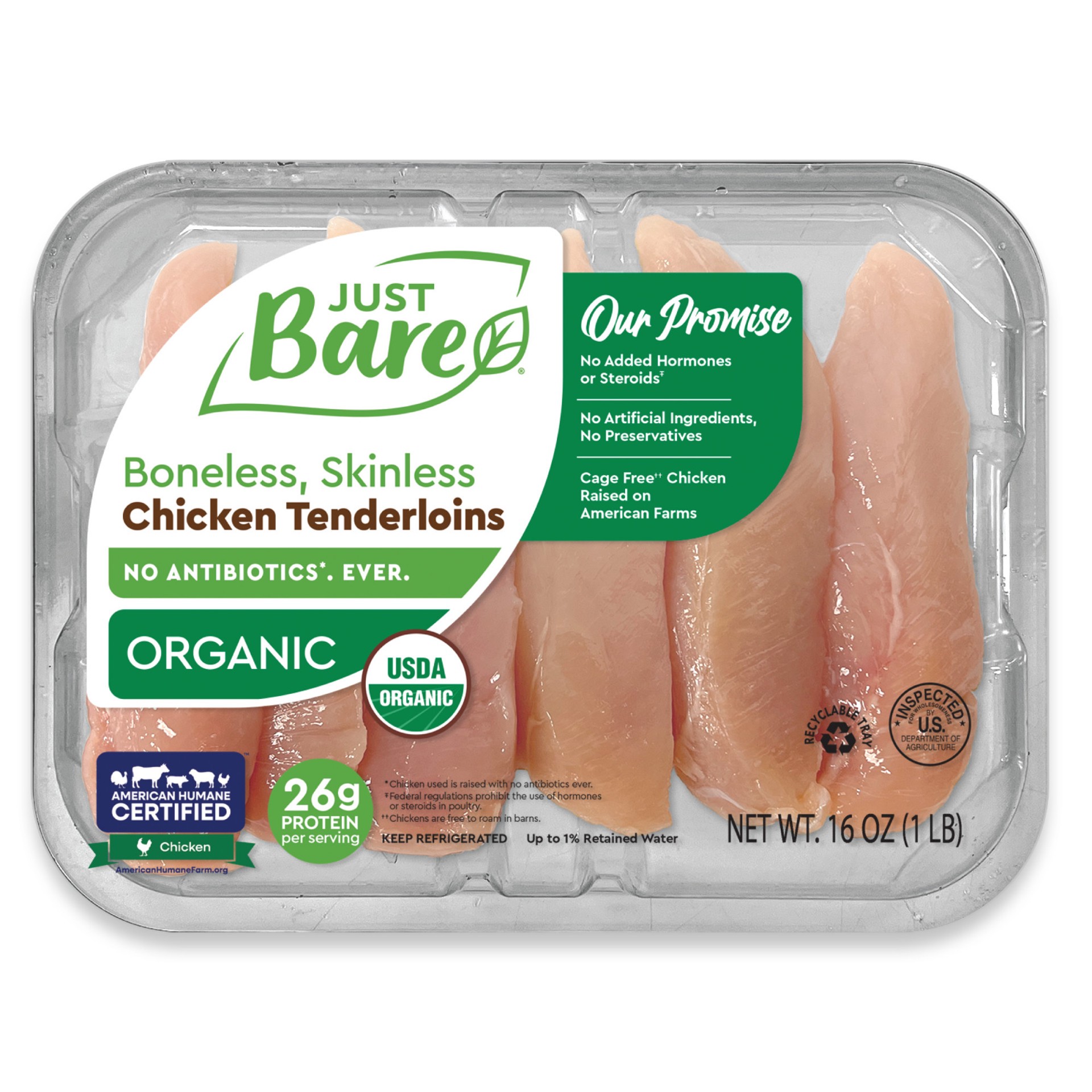 slide 1 of 6, Just Bare Brand Organic Boneless Skinless Chicken Tenderloins, 16 oz
