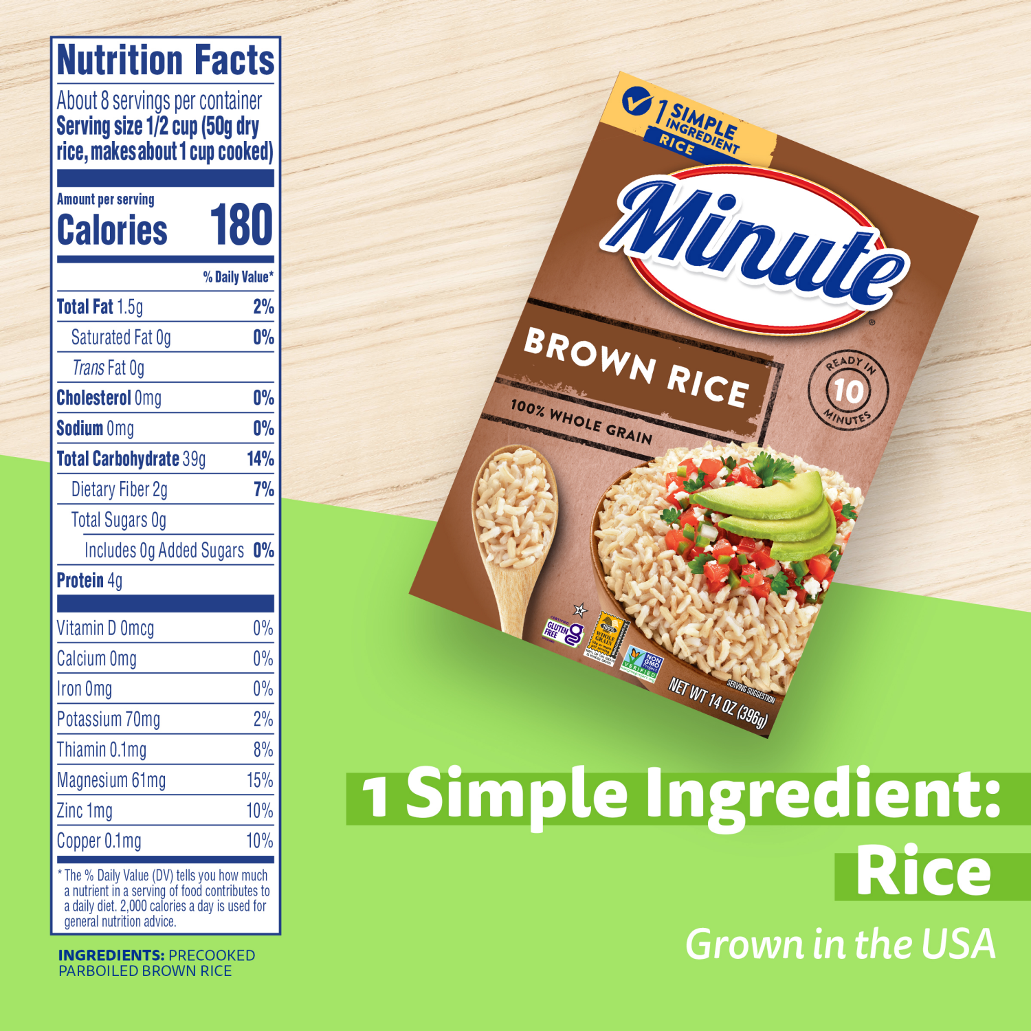 slide 4 of 8, Minute Rice, Brown, 100% Whole Grain - 14 oz, 14 oz