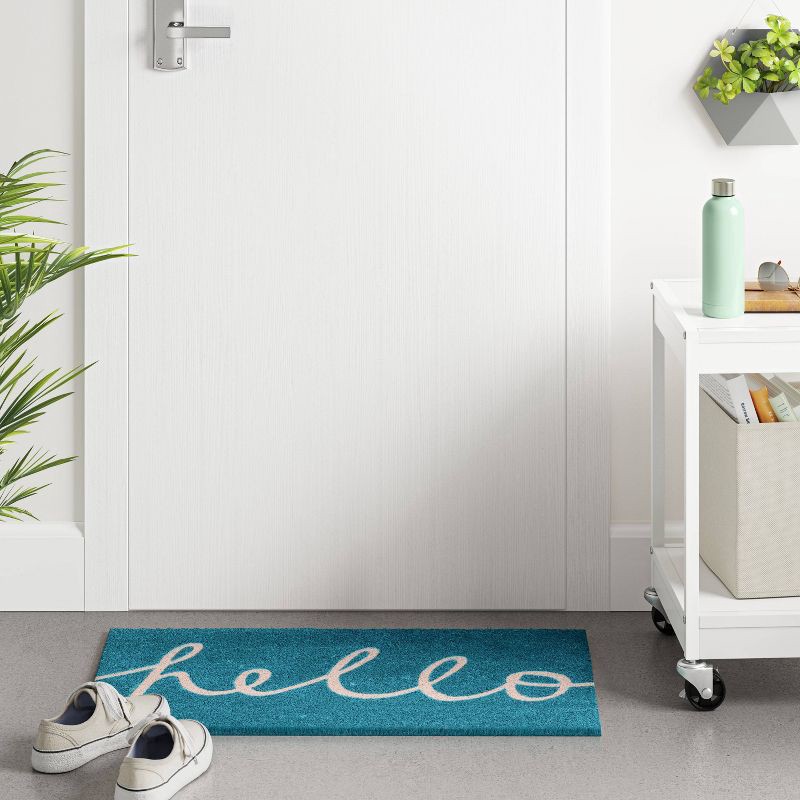 slide 3 of 4, 1'6"x2'6" Blue Hello Cursive Doormat - Room Essentials™, 1 ct