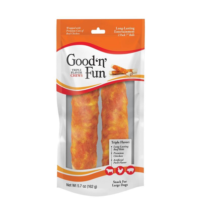 slide 1 of 5, Good 'n' Fun Large Triple Flavored Pork, Beef and Chicken Wrapped Roll Rawhide Dog Treats - 2ct, 2 ct