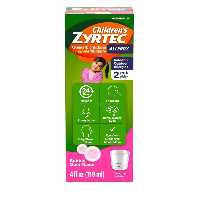 slide 1 of 14, Children's Zyrtec 24 Hour Allergy Relief Syrup - Bubble Gum - Cetirizine - 4 fl oz: Contains Antihistamine, 5mg Strength, 4 fl oz, 5mg