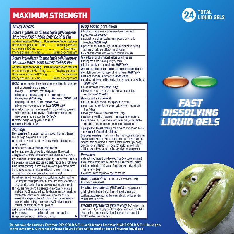 slide 9 of 12, Mucinex Max Strength Cold & Flu Medicine - Day & Night - Liquid Gels - 24ct, 24 ct