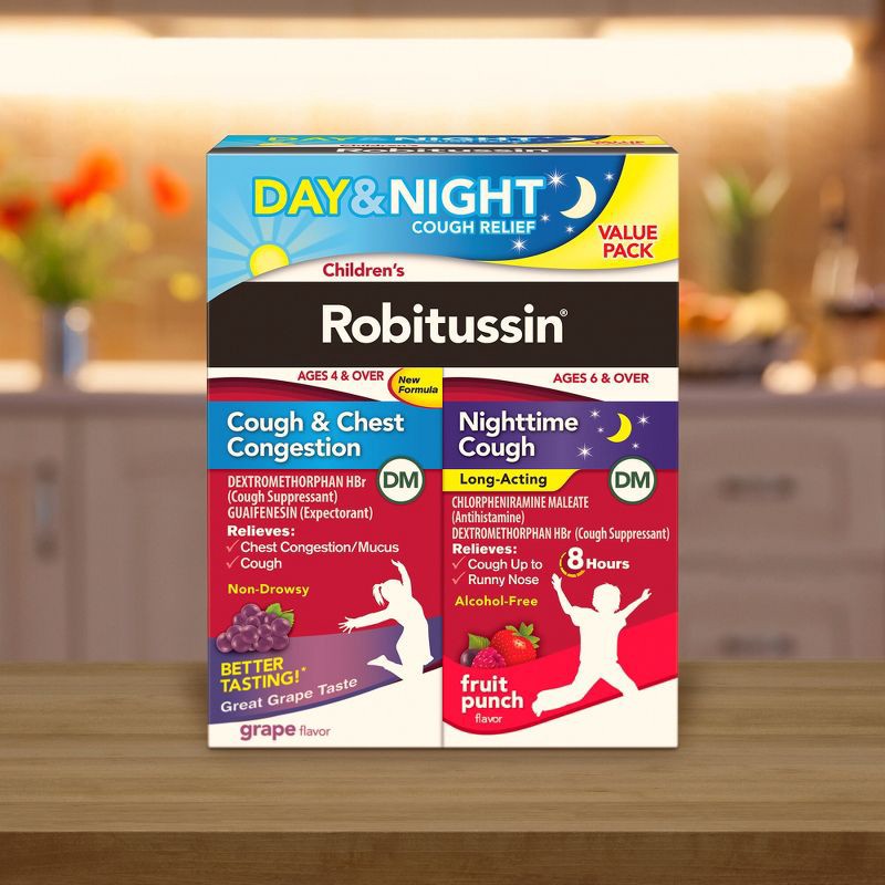 slide 2 of 5, Children's Robitussin Day/Night Cough & Chest Congestion DM - Dextromethorphan - Grape & Fruit Punch Flavors - 4 fl oz/2pk, 2 ct; 4 fl oz