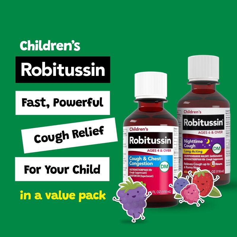 slide 3 of 11, Children's Robitussin Day/Night Cough & Chest Congestion DM - Dextromethorphan - Grape & Fruit Punch Flavors - 4 fl oz/2pk, 2 ct; 4 fl oz