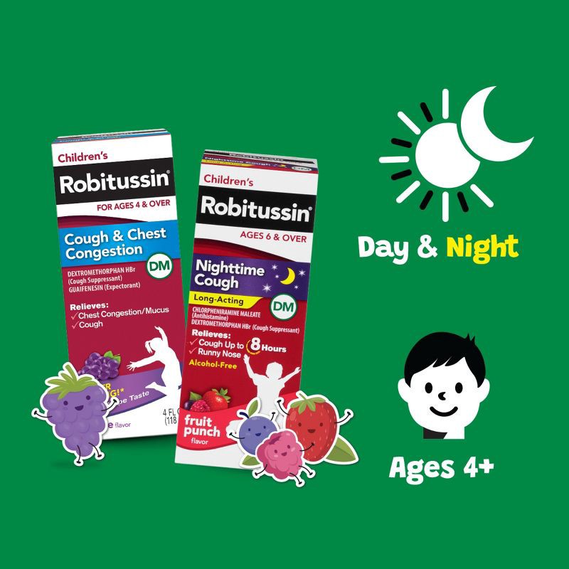 slide 7 of 11, Children's Robitussin Day/Night Cough & Chest Congestion DM - Dextromethorphan - Grape & Fruit Punch Flavors - 4 fl oz/2pk, 2 ct; 4 fl oz