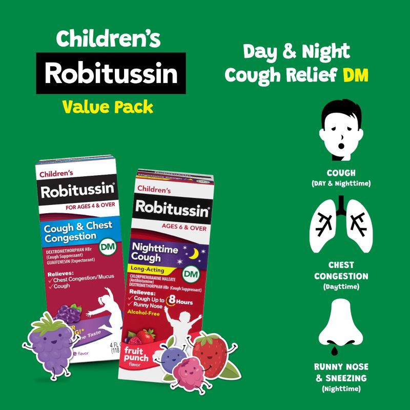 slide 11 of 11, Children's Robitussin Day/Night Cough & Chest Congestion DM - Dextromethorphan - Grape & Fruit Punch Flavors - 4 fl oz/2pk, 2 ct; 4 fl oz