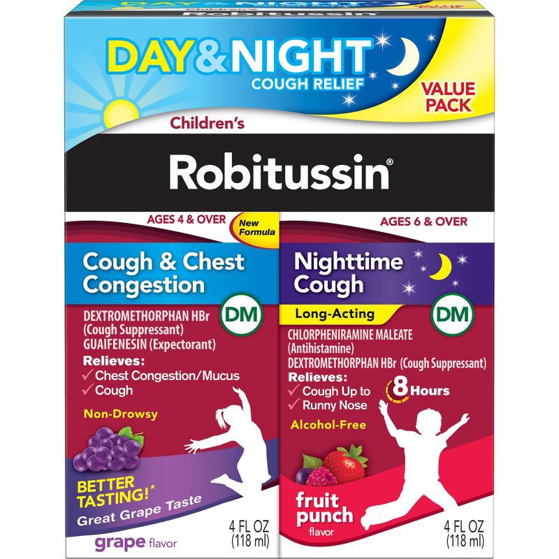 slide 1 of 5, Children's Robitussin Day/Night Cough & Chest Congestion DM - Dextromethorphan - Grape & Fruit Punch Flavors - 4 fl oz/2pk, 2 ct; 4 fl oz