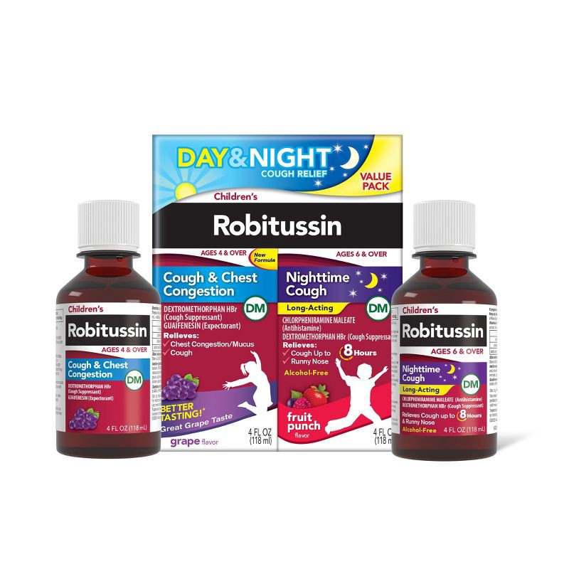 slide 1 of 5, Children's Robitussin Day/Night Cough & Chest Congestion DM - Dextromethorphan - Grape & Fruit Punch Flavors - 4 fl oz/2pk, 2 ct; 4 fl oz