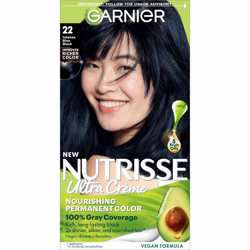 slide 1 of 8, Garnier Nutrisse Nourishing Permanent Hair Color Creme - 22 Intense Blue Black, 1 ct