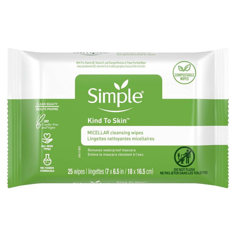 slide 2 of 10, Unscented Simple Kind to Skin Micellar Makeup Remover Wipes - 25ct, 25 ct